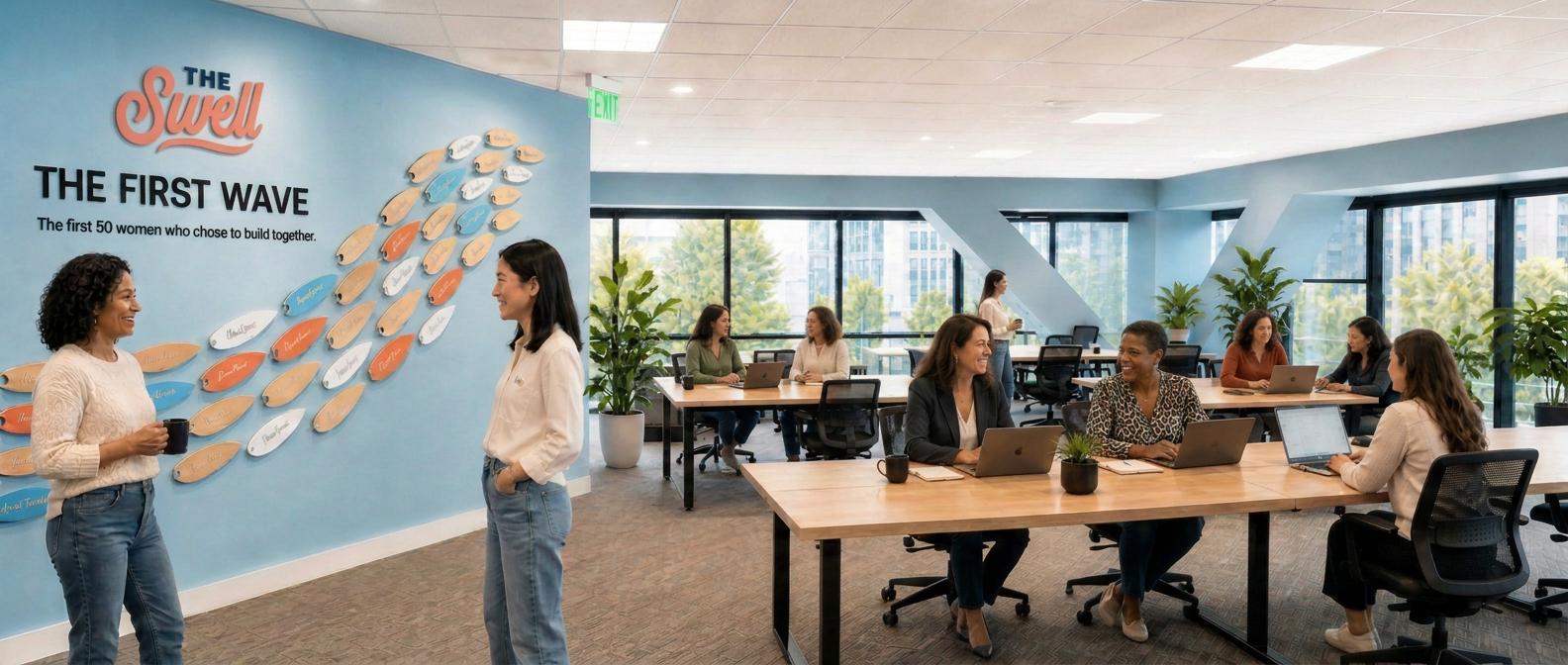 Women founders gathered around a table at SURF Incubator, with The First Wave Wall behind them: a rising formation of personalized mini surfboards under a coral SWELL sign