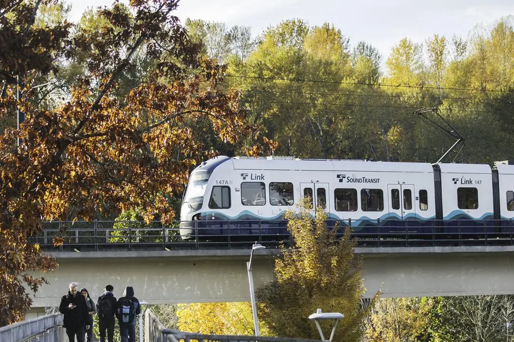Link light rail train arriving at a downtown Seattle station.