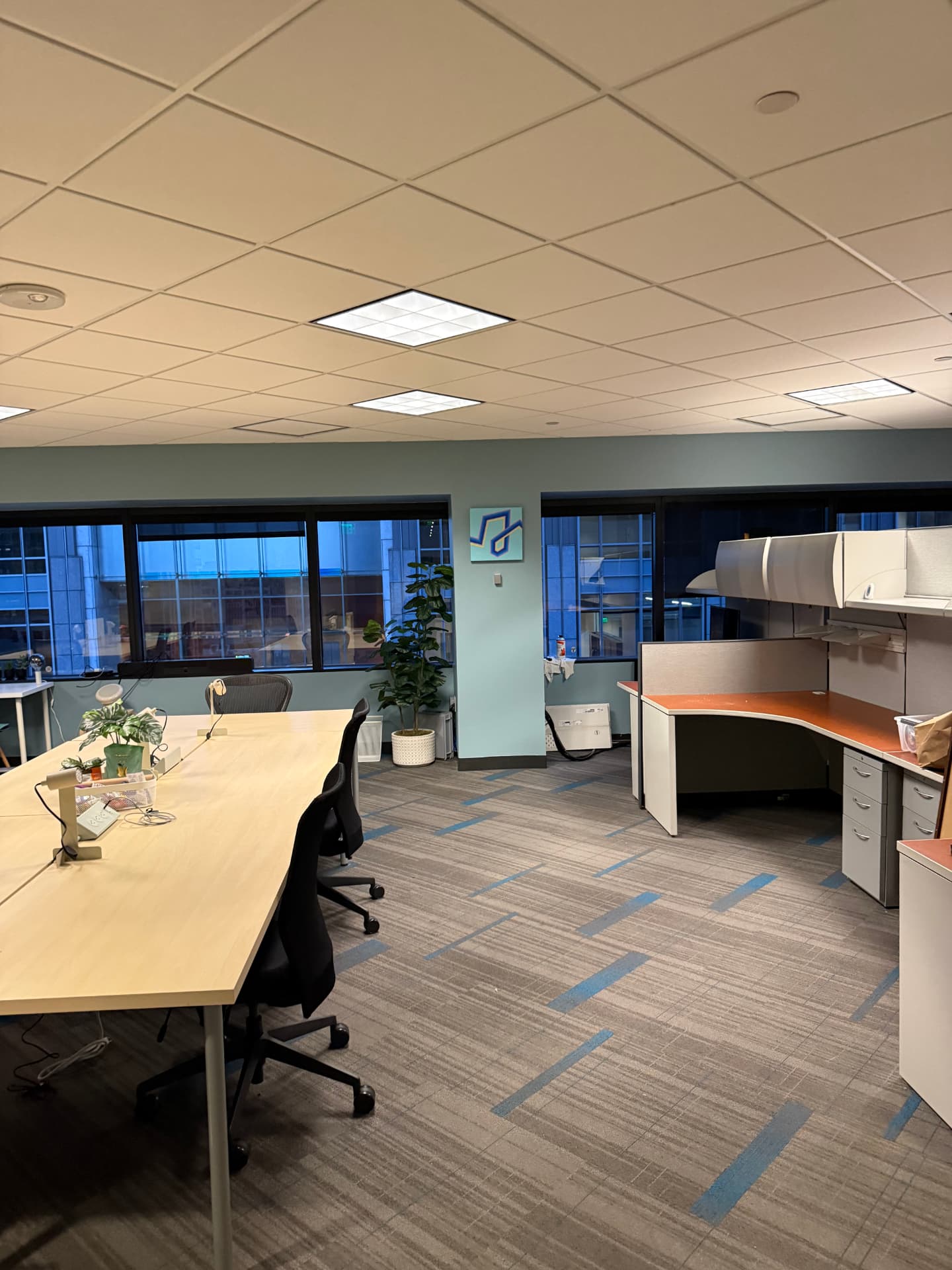 Dedicated desk row along the window with cubicle workstations and ergonomic chairs.